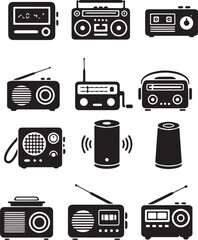 Obraz premium Black and white vector set of 12 icons showcasing vintage and modern radios and speaker designs