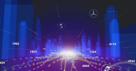 Animation of multiple digital icons and data processing over light trails against 3d city model - Powered by Adobe