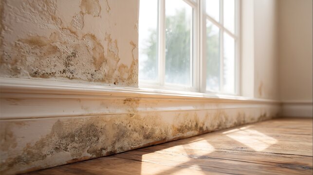 Close-up of interior corner with mold and water damage around window and trim