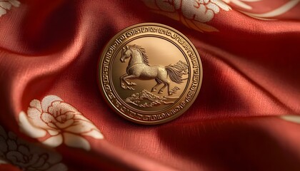 Gold Coin with horse on Red Silk for Chinese New Year