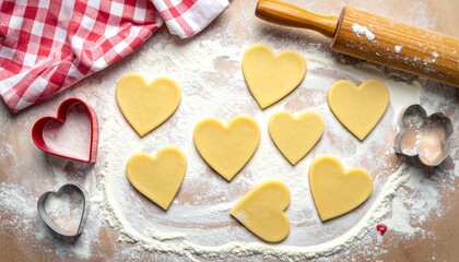 Heart-shaped dough pieces lie on a floured surface with a rolling pin and cutters
