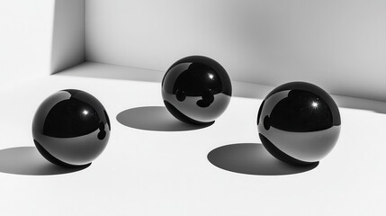 Several polished black obsidian spheres of varying diameters resting on a white surface with distinct shadows cast by studio lighting