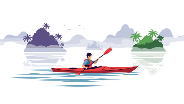 Kayak adventure: man rowing on serene lake with tropical background
