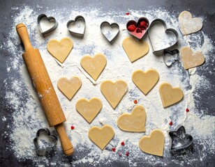 Heart-shaped dough pieces lie on a floured surface with a rolling pin and cutters