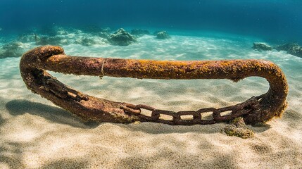decades. Rusted anchor chain resting on seabed sand, underwater marine scene. mobility guides, transit brochures, designed for transport & logistics marketing, used by data analysts and bi analysts.
