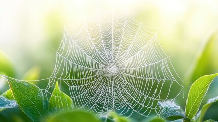 Delicate shimmering gossamer threads of a spiderweb woven into a fine intricate pattern glistening with dewdrops in soft morning sunlight surrounded by green foliage