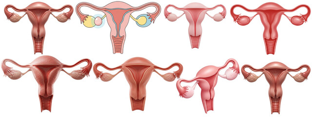 A collage of illustrated female reproductive systems with ovaries and fallopian tubes.