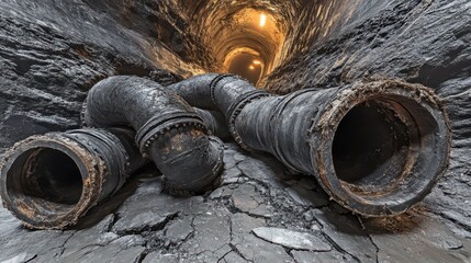 Thick frayed industrial pipes winding through a dark crumbling underground tunnel with distant yellow lights