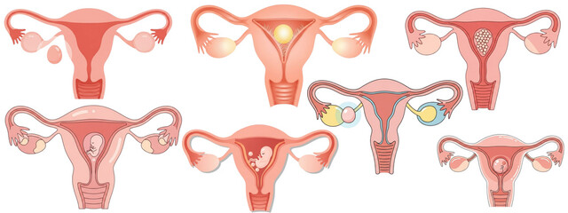Set of A 3D anatomical model of the female reproductive system showing uterus, fallopian tubes, and ovaries in realistic form, isolated on a transparent background.