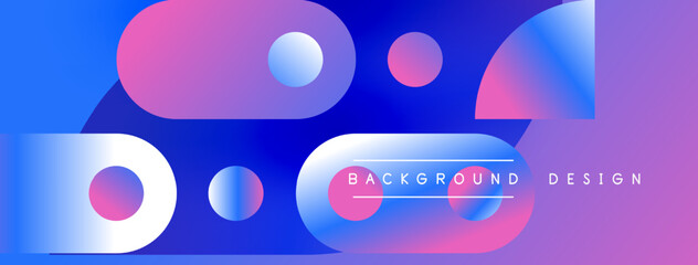 Obraz premium Abstract vibrant background. Circles, squares overlap creating modern design. Blue, purple hues dominate composition. Minimalist aesthetic.