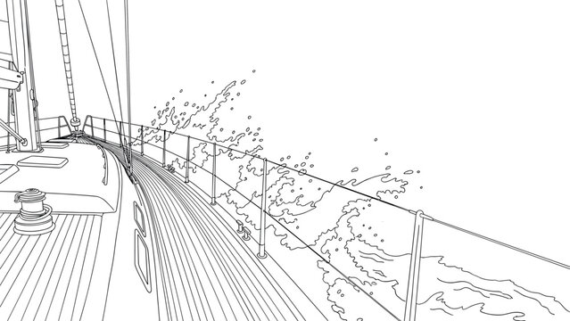 Linear yacht sailing with ocean waves and deck detail