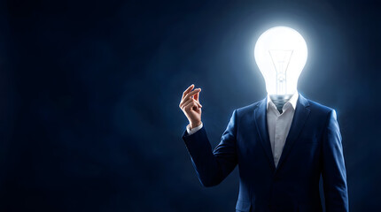 Businessman with glowing lightbulb head representing innovation and ideas
