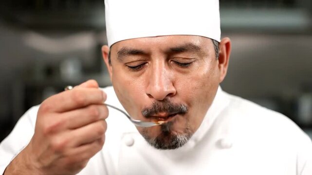 Professional chef tasting and evaluating a sauce in a commercial kitchen setting.