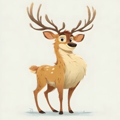 Obraz premium Cartoon deer with antlers stands in front of a white background