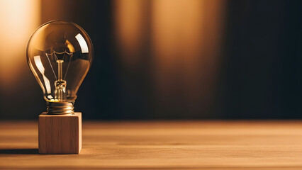Warm light bulb on wooden block inspiring innovation and creativity
