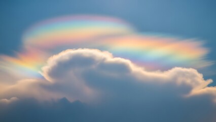 Fototapeta premium A beautiful iridescent pileus cloud displaying rainbow colors above a white cumulus cloud in a blue sky.