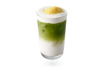 Iced matcha latte with yellow topping on transparent background image