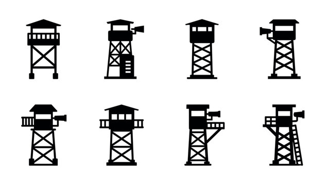 Silhouette watchtower icons set featuring various guard tower designs