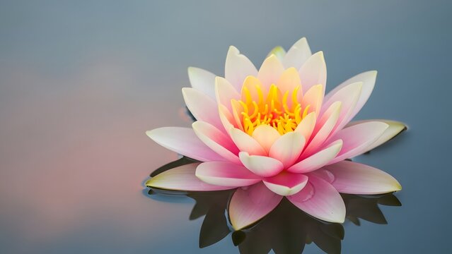 A beautiful pink lotus flower with a vibrant yellow center floating peacefully on calm water. - Powered by Adobe