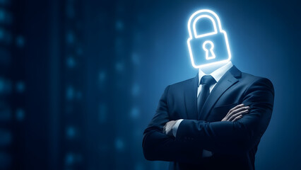 Businessman with glowing lock for head in dark blue background