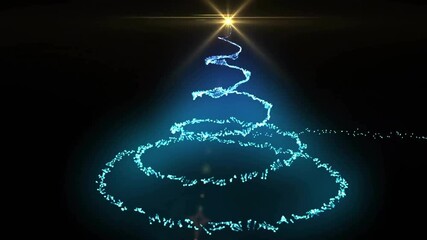 Animation of light trails forming christmas tree on black background