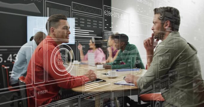Animation of graphs, changing numbers, loading circles and bars, diverse coworkers sharing ideas