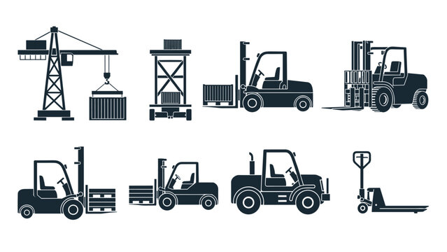 Set of industrial equipment icons in silhouette style for logistics and construction