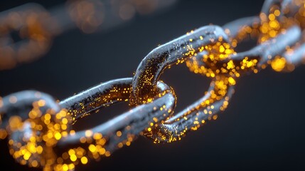 Close-up of a metallic chain with golden, sparkling particles on a dark background