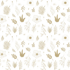 Vector golden floral seamless pattern with branches, leaves, berries, and twigs on a white background. The light, natural, and elegant, perfect for textile design, packaging, printing, and other