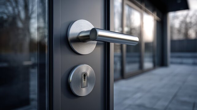 Close-up of a modern door handle and keyhole, focus on metal against dark background