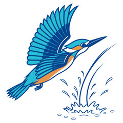 Obraz premium Blue kingfisher bird in flight diving into water splashing