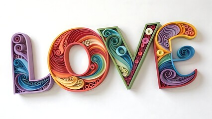 Colorful quilled paper art spelling out the word love on a white background