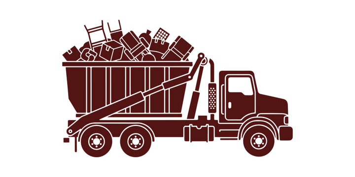 Icon of a roll-off truck. Open-top dumpster. Clearing out organizations. A practical disposal option. Hauling away household junk. Vector illustration that is isolated.