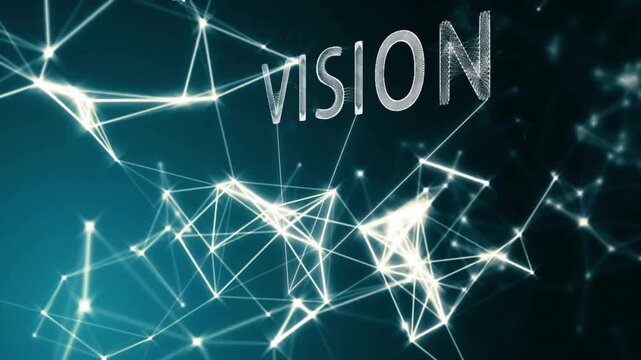 Animation of ideas, vision, growth, strategy, success text over glowing network on dark background