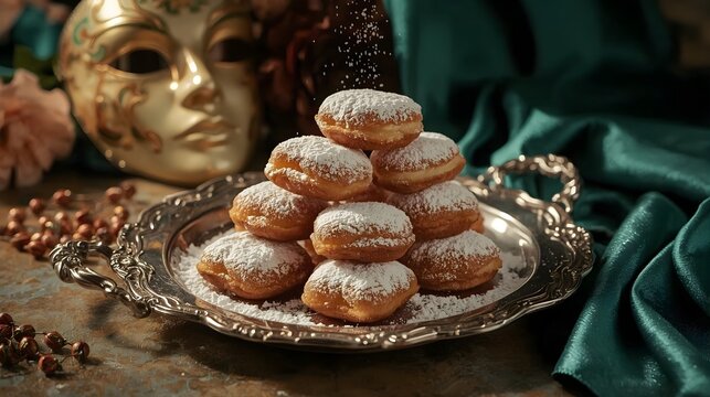 Traditional carnival donuts with powdered sugar on silver tray, golden mask and emerald silk background