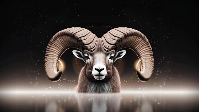 4K cinematic ram&rsquo;s spiral horns morphing glowing iridescent spirals, partial head visible, floating particles, misty dark gradient background, metallic shimmer highlights, surreal fractal nature