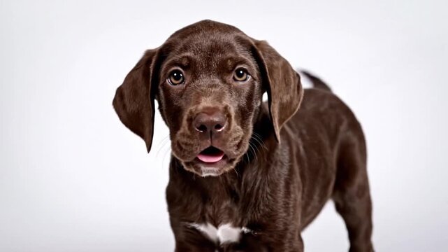 Brown puppy with a white chest patch on a plain background looking at the camera