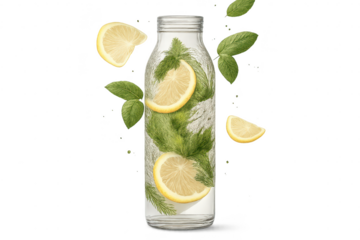 Infused water with lemon and mint on transparent background design.