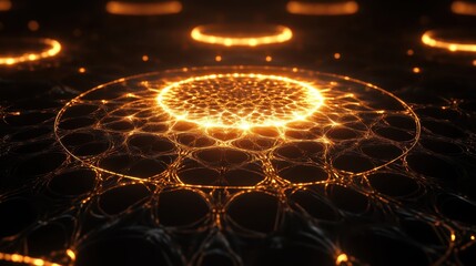 Glowing metallic lace pattern design with intricate circles and light