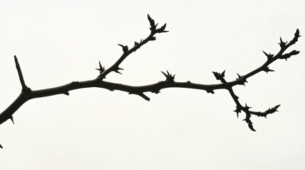 Gnarled thorny branches of a dead bush silhouetted against a white background
