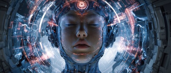 Human intelligence enhanced: the ai connection visualization. Movie cover. Complex network: digital human head merged with ai and vibrant dashboards. Hero poster. Visual poster.