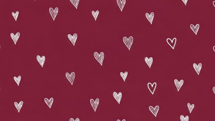 Charming white hand-drawn hearts on deep red background