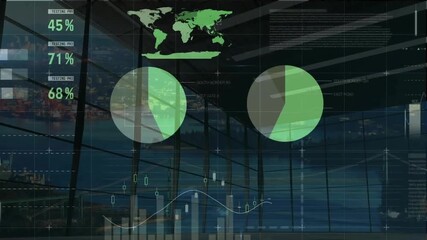 Animation of data processing and diagrams over cityscape - Powered by Adobe