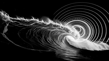 A breaking ocean wave captured in monochrome with futuristic light spirals