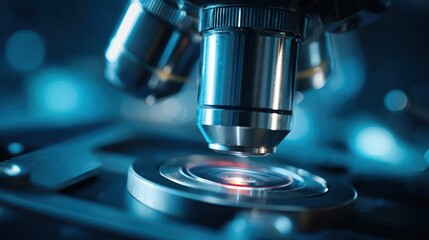 Close-up of a scientific optical microscope with lens and stage, bathed in cool blue light