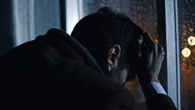 Portrait of a man facing depression, forehead pressed rain-streaked window city lights blurred outside, reflections on glass, melancholic gaze hand movements, cinematic side-to-side camera pan