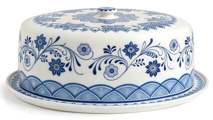 Elegant porcelain cake stand with blue floral and geometric patterns on a white background