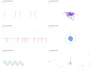 Medical AI and Biotech HUD  Light Mode UI Kit: DNA Helix, Neural Network, ECG, Nanobot & Virus Scanner