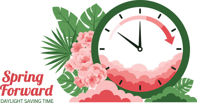 Artistic vector illustration for Spring Forward Daylight Saving Time featuring a green clock, pink flowers, and tropical leaves. - Powered by Adobe