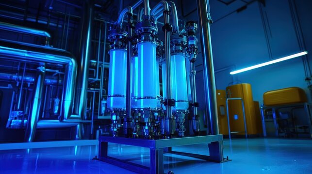 Industrial water purification system with multiple glowing blue filtration cylinders and interconnected tubing in a dimly lit facility